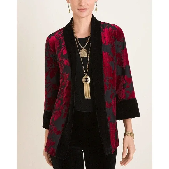 Chico's Travelers Collection Reversible Black To Red Velvet Jacket 1 8/10 H13887 - Picture 1 of 12
